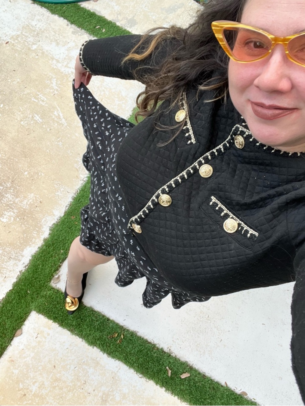 Black Quilted Chain-Trim Blazer with Gold Buttons